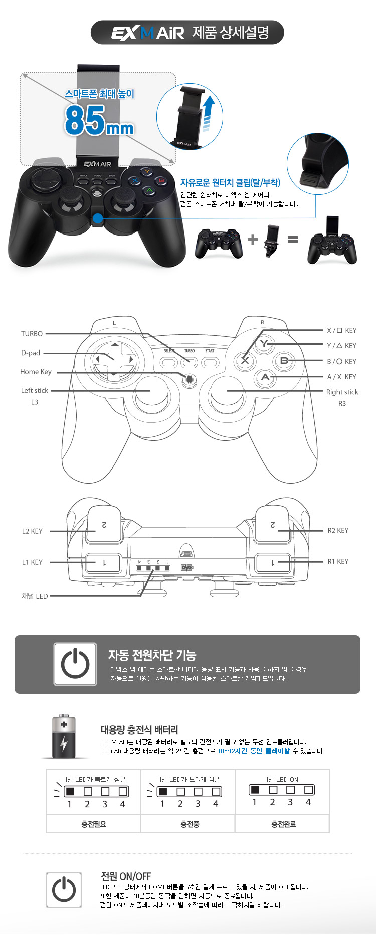 EX M AIR 블루투스 4IN1 게임패드 [안드로이드, PC, PS3 호환] / 디바이스마트